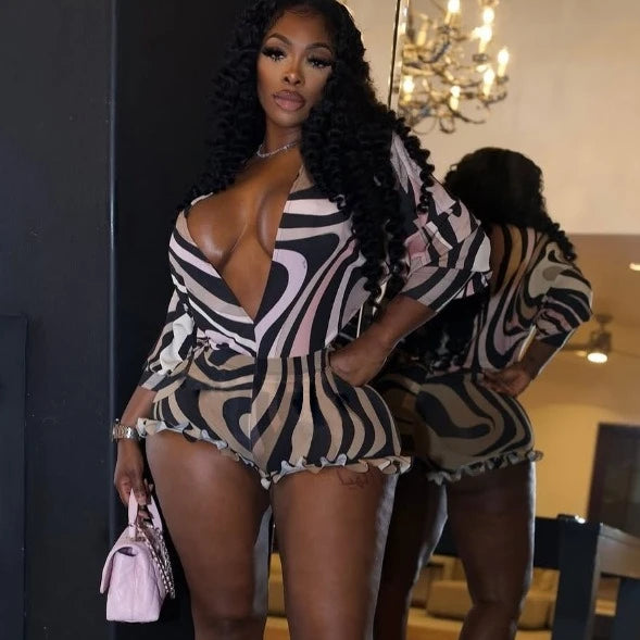 FAGADOER Sexy Stripe Print Two Piece Outfits Woman Long Sleeves See Through V-neck  Crop Top and Shorts Suit Hot Girl Streetwear
