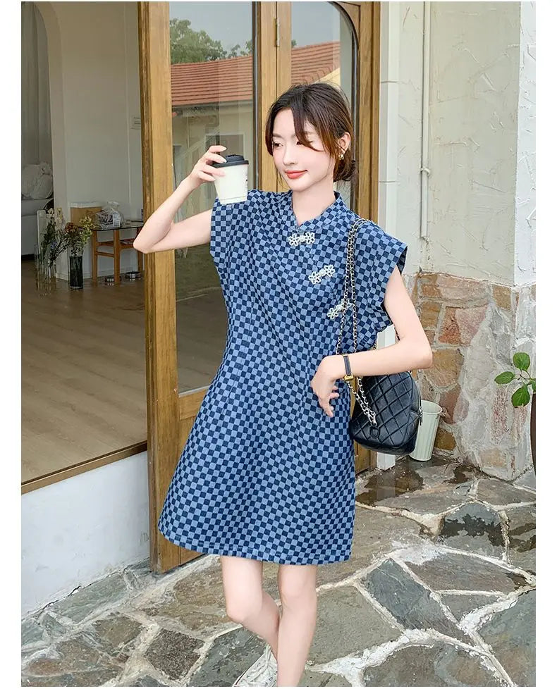Checkered Ethnic Style Summer Lightweight A Line Dress for Women