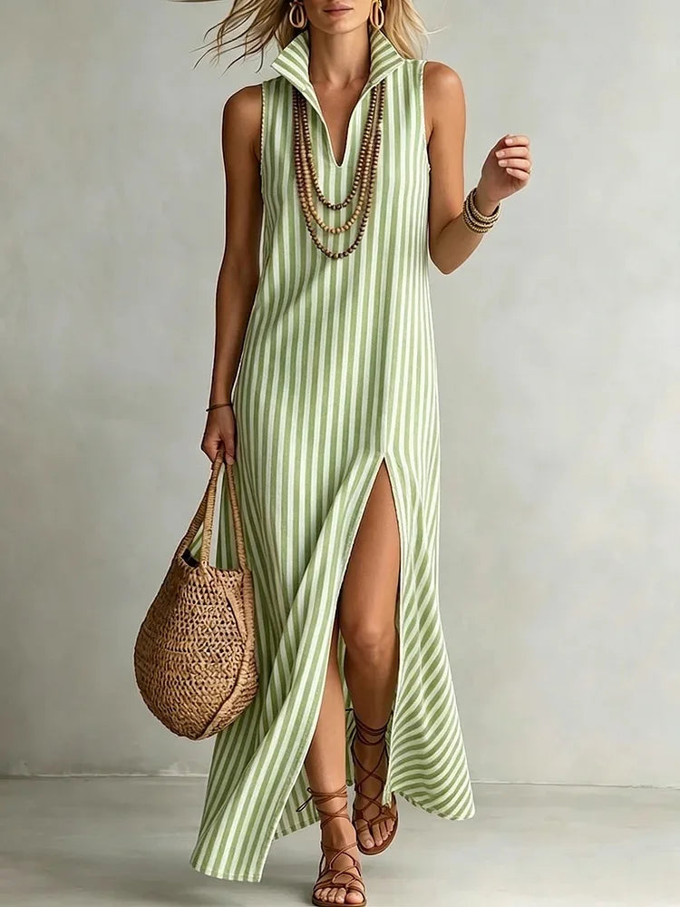 Striped Lapel Collar Sleeveless V Neck High Slit Maxi Dress for Women