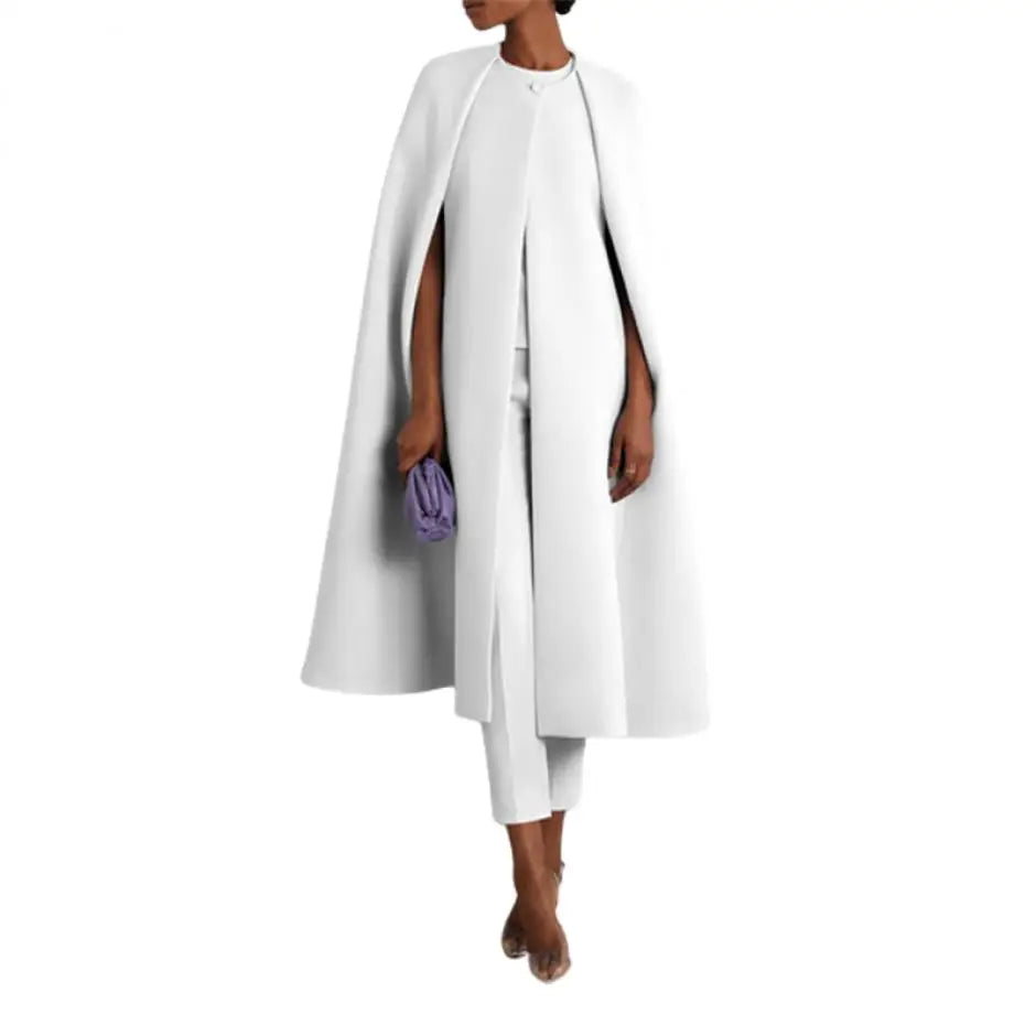 Elegant Solid Color Cape Coat High Waist Pants Two Piece Set For Women