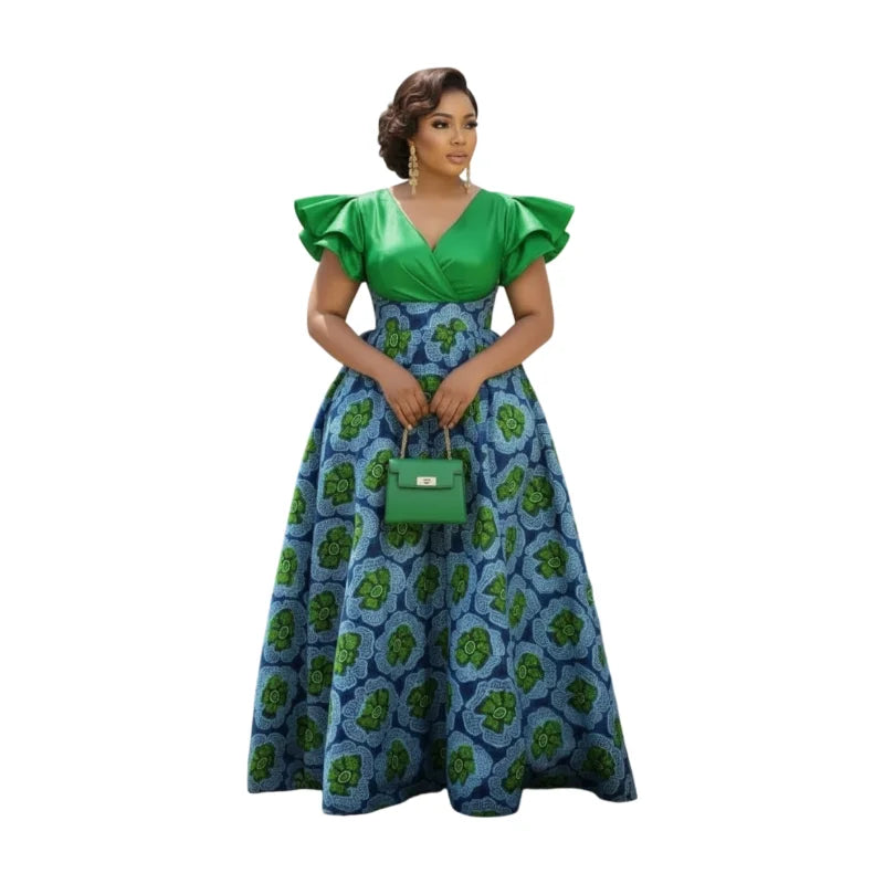 Plus Size V Neck Ruffle Short Sleeve Patchwork Print Maxi Flare Dress For Women Wedding Guest Daily Party Occasions