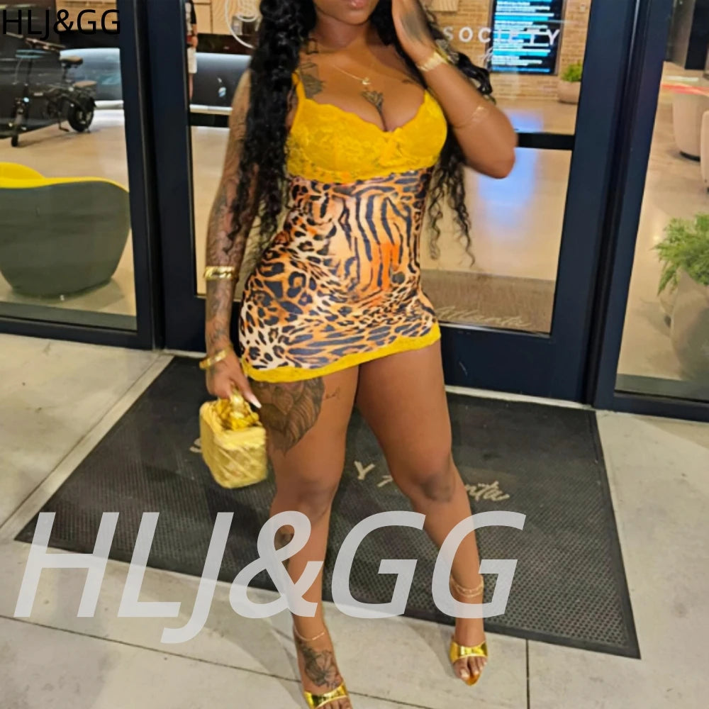 Leopard Print Lace Spaghetti Strap Bodycon Dress for Women