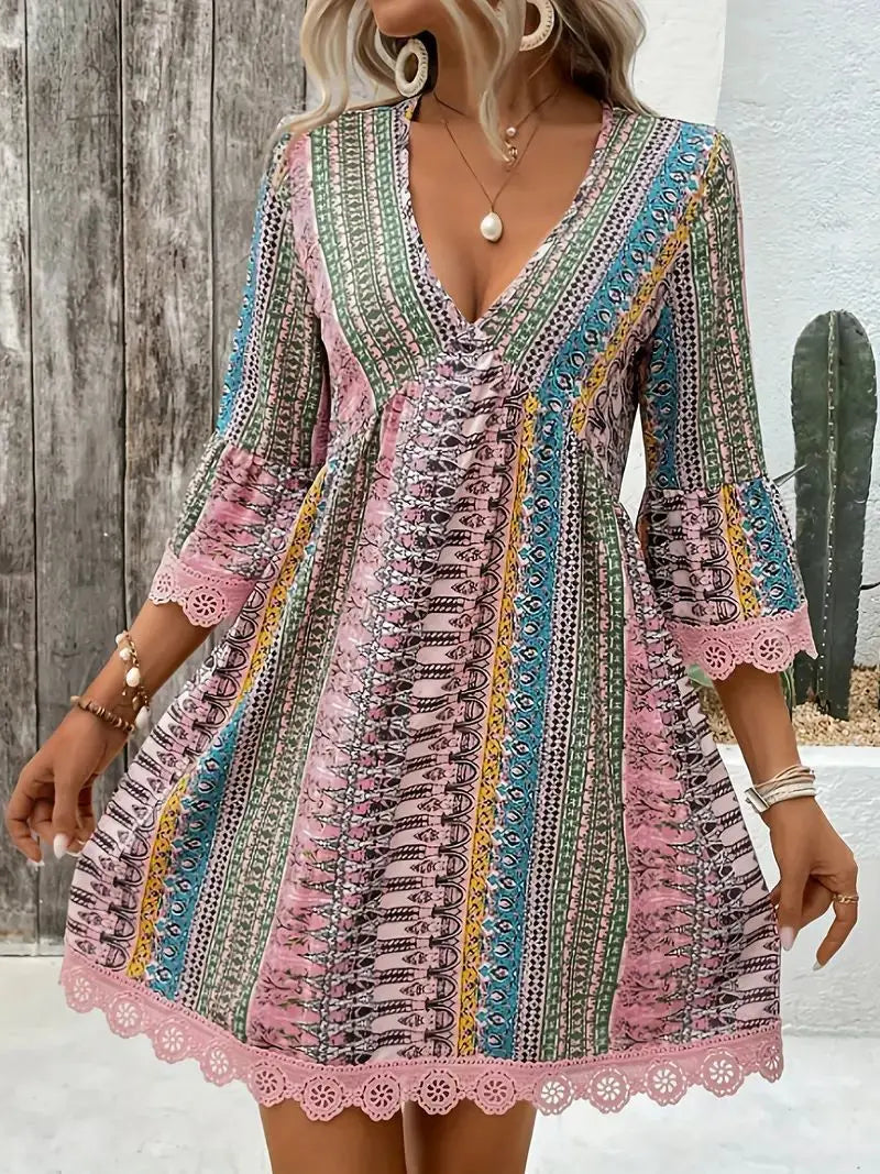 Vintage Floral Print V Neck Long Sleeve Dress For Women