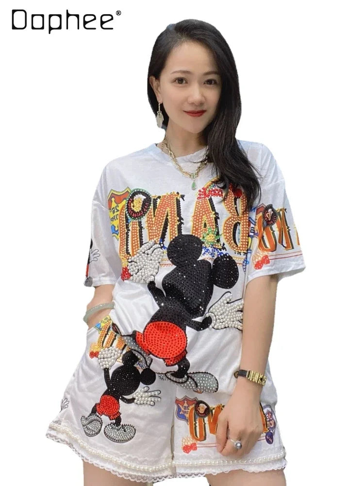 Heavy Industry Rhinestone Hot Fixed Short Sleeve T-shirt Summer New Casual Suit Top and Shorts 2 Piece Sets Womens Outfits