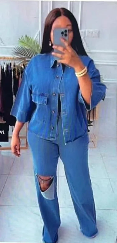 Denim Pant Set Women Two Piece Sets Turn Down Collar Matching Sets Single Breasted Shirt Tops Wide Leg Long Pants High Waist