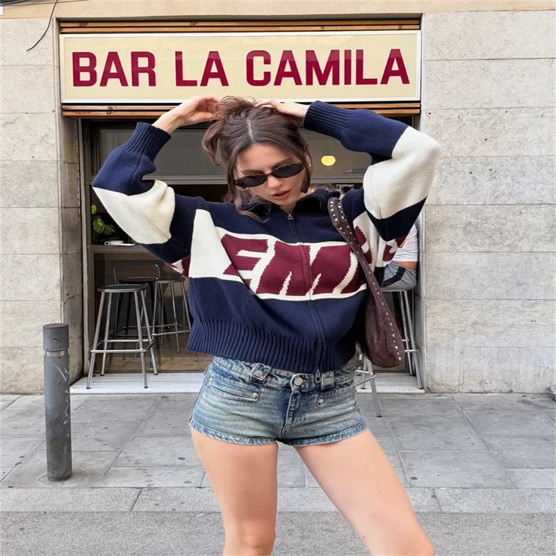 Letter Women 's Sweater Stand Collar Y2k Knit Sweaters For Woman Zipper Full Sleeve Tops Female 2025 Winter Men Jacket Knitwear