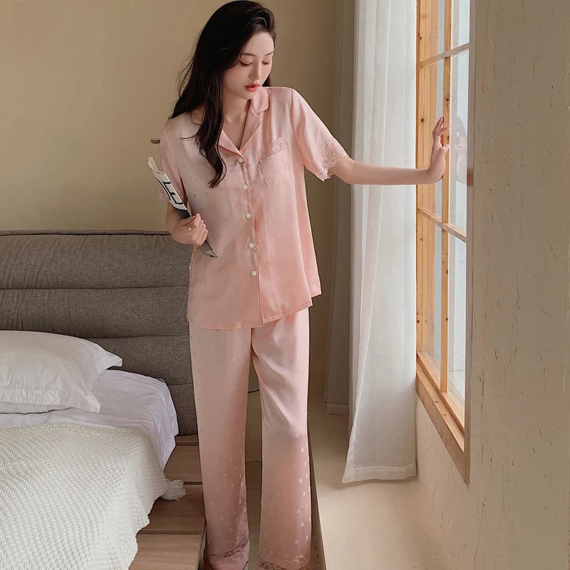 Y2k Pink Sweet Dot Lace Jacquard Women Pajamas French Romantic Lazy Lady Nightgown 2024 New Summer Korean Harajuku Home 2pc Set