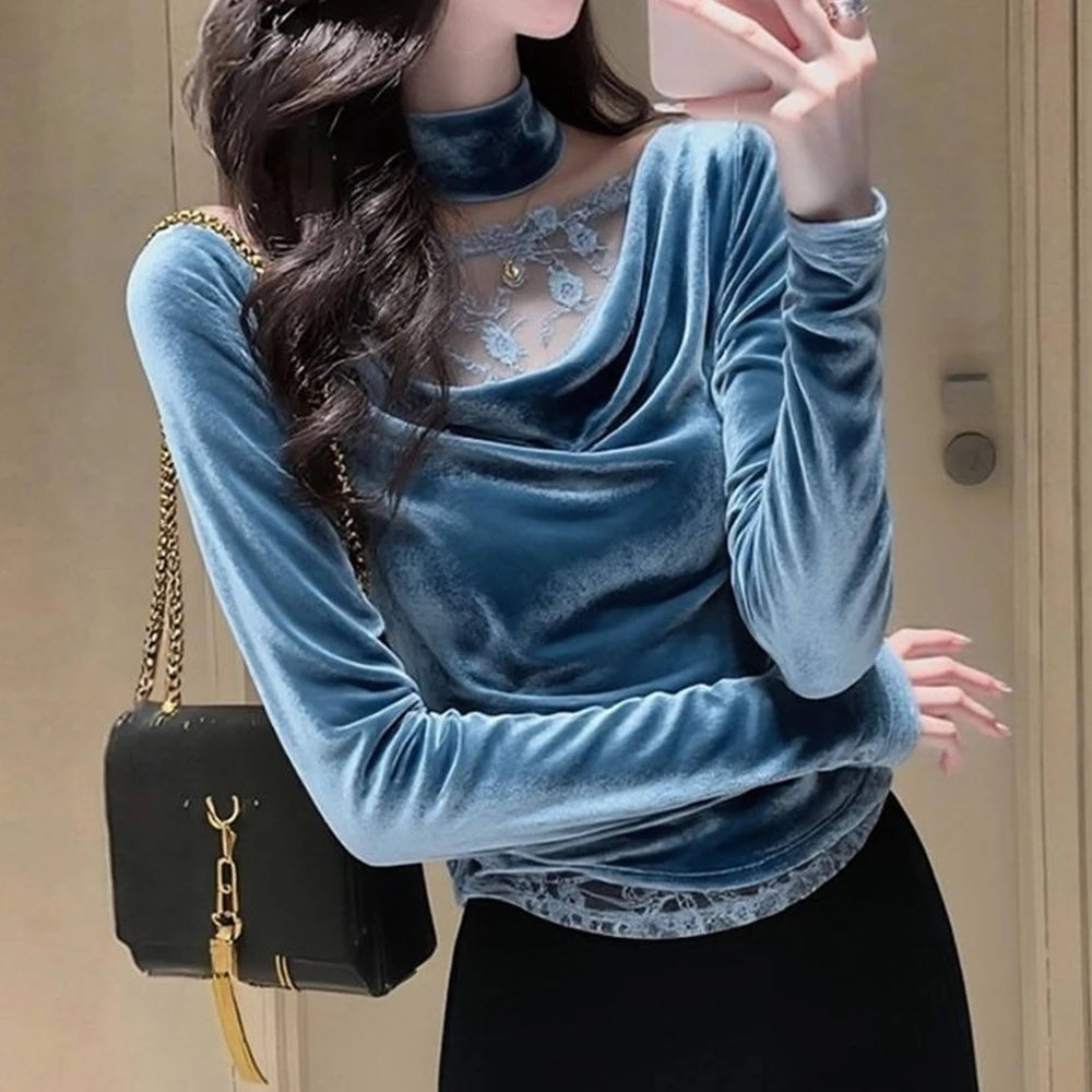 Elegant Blue Velvet Lace Trim Slim Fit Blouse For Women