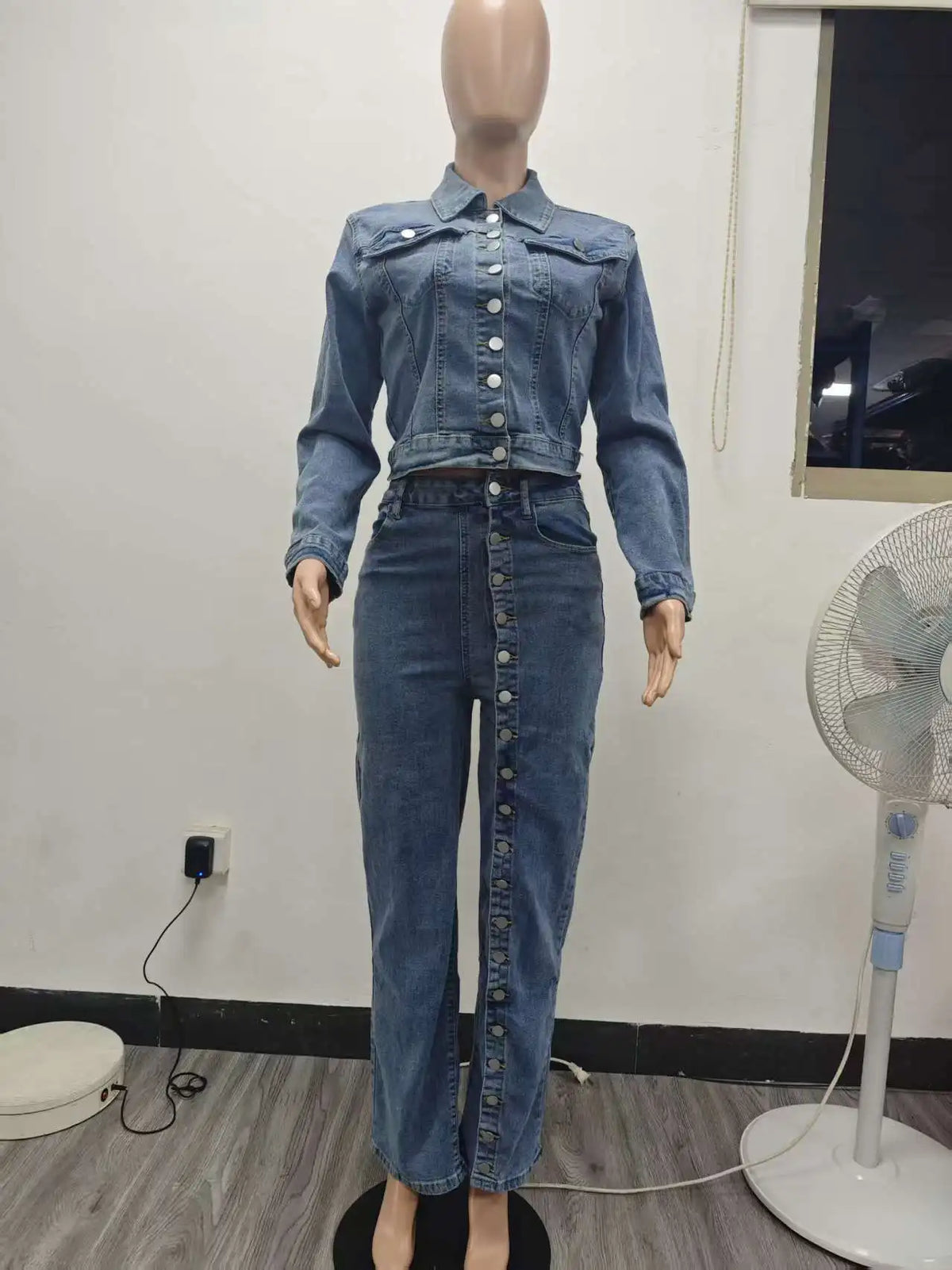 Denim Jacket And Straight Leg Pants Set