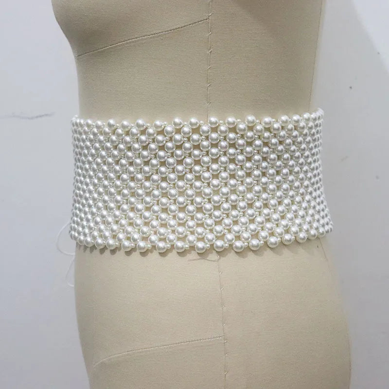 Pearl Rhinestone Elastic Waist Chain Belt for Women