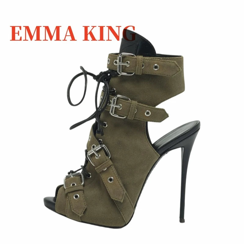 Lace Up Green Canvas Cutout Peep Toe Ankle Boots for Women