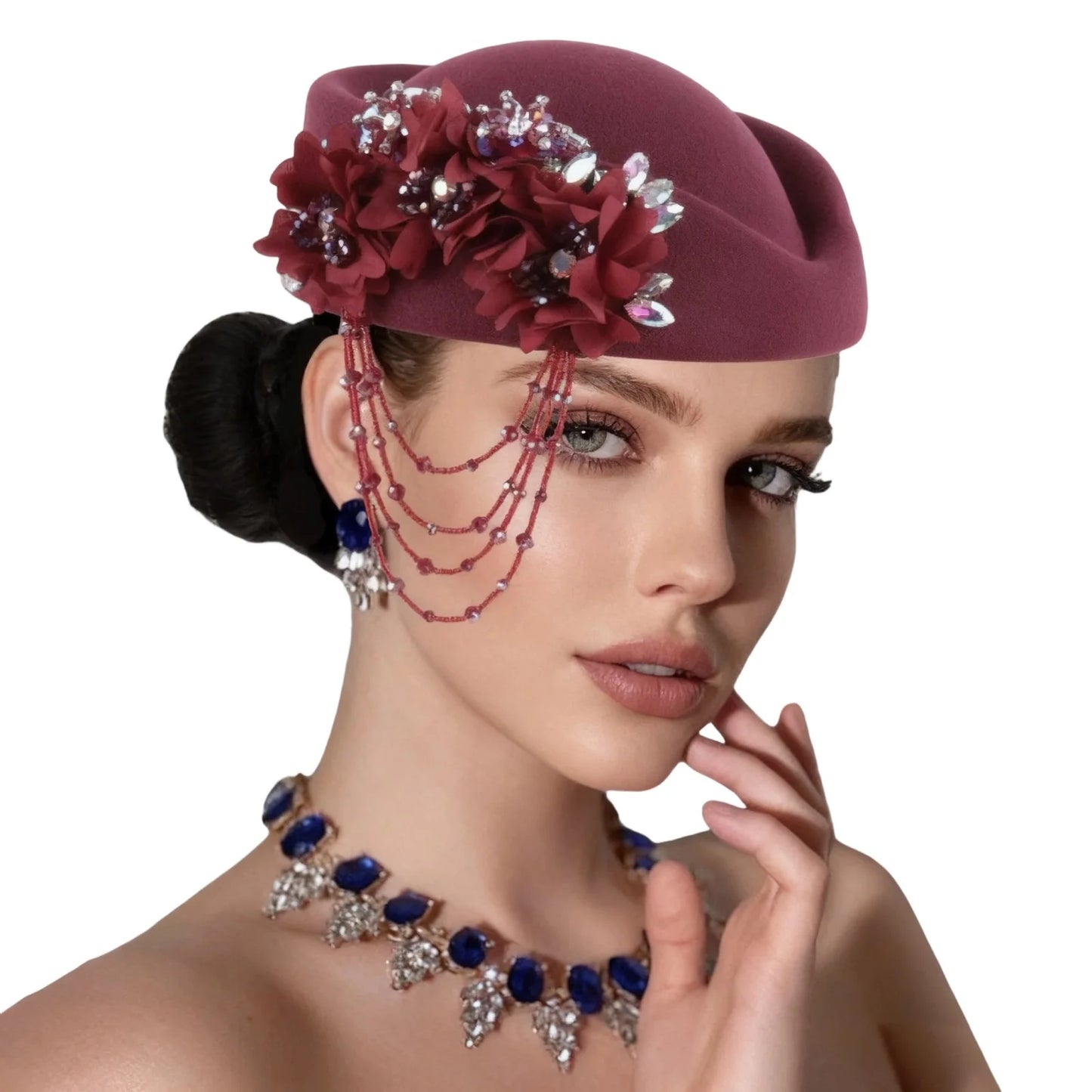 Retro British Beret With Floral Rhinestone Decor For Women