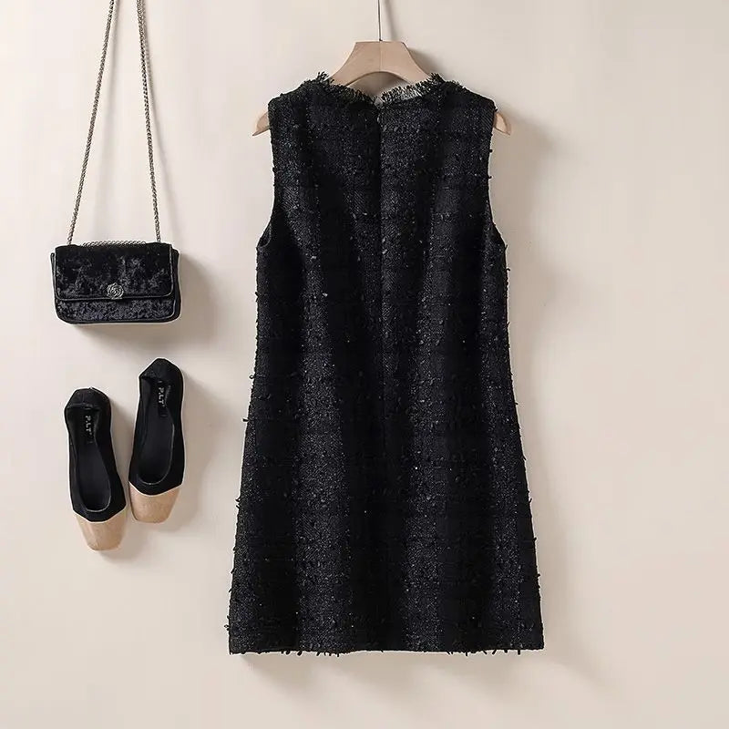 Elegant Tweed Beaded Pocket A-Line Dress for Women