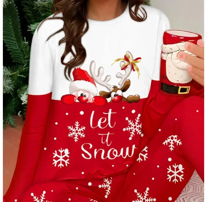 Christmas Home Two Piece Set Woman Snowflake 2024 O-Neck Long Sleeved Tops Elegant High Waisted Casual Pants Pajama Suit Fall