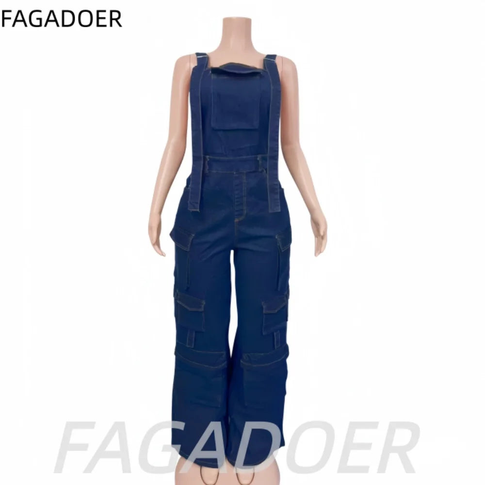 Patchwork Denim Jumpsuit with Spaghetti Straps for Women