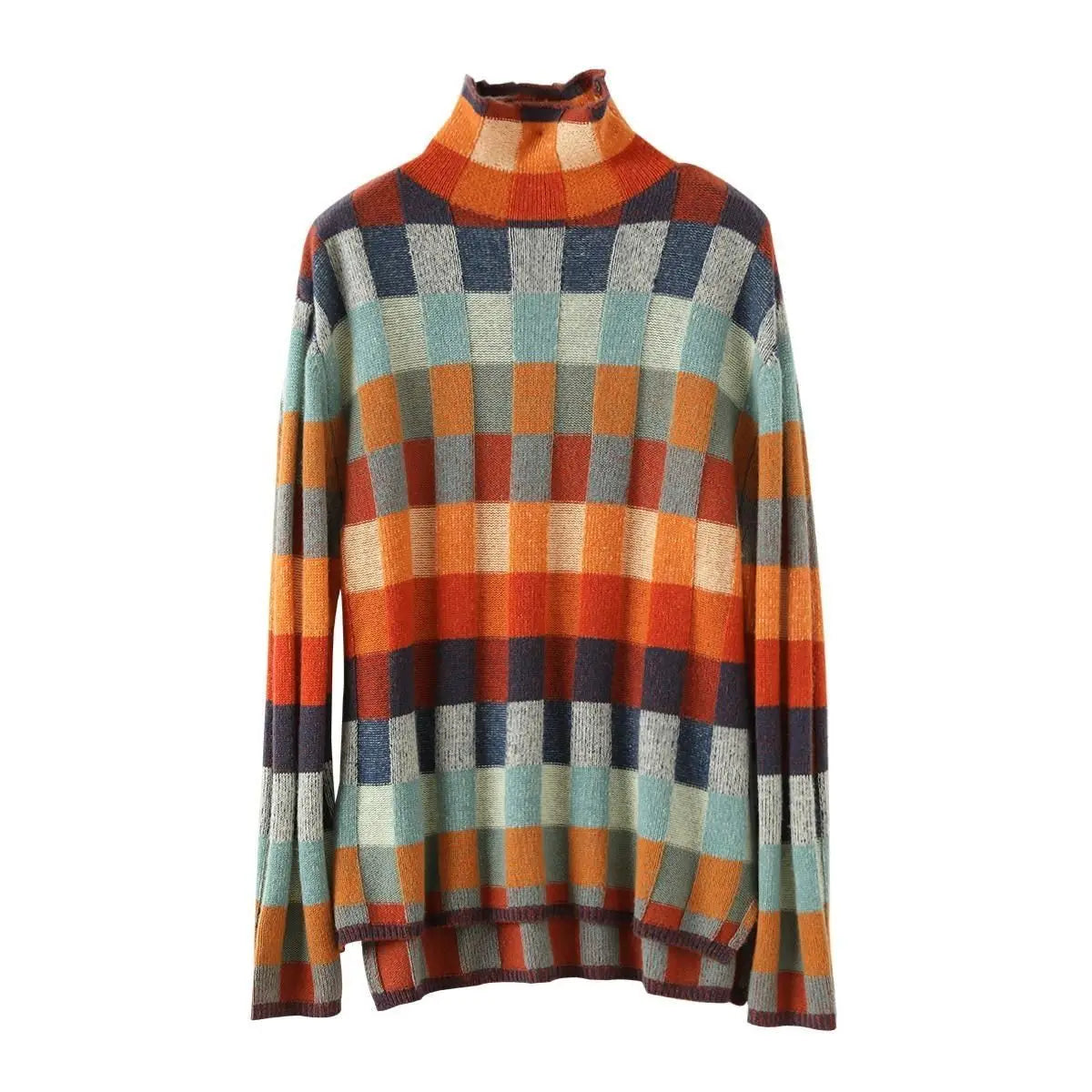 Cozy Thick Knit Turtleneck Sweater With Plaid Pattern For Women
