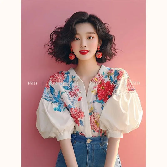 French Style Blouse with Bubble Sleeves and Floral Patterns 2024 New Women's Summer Collection Shirt