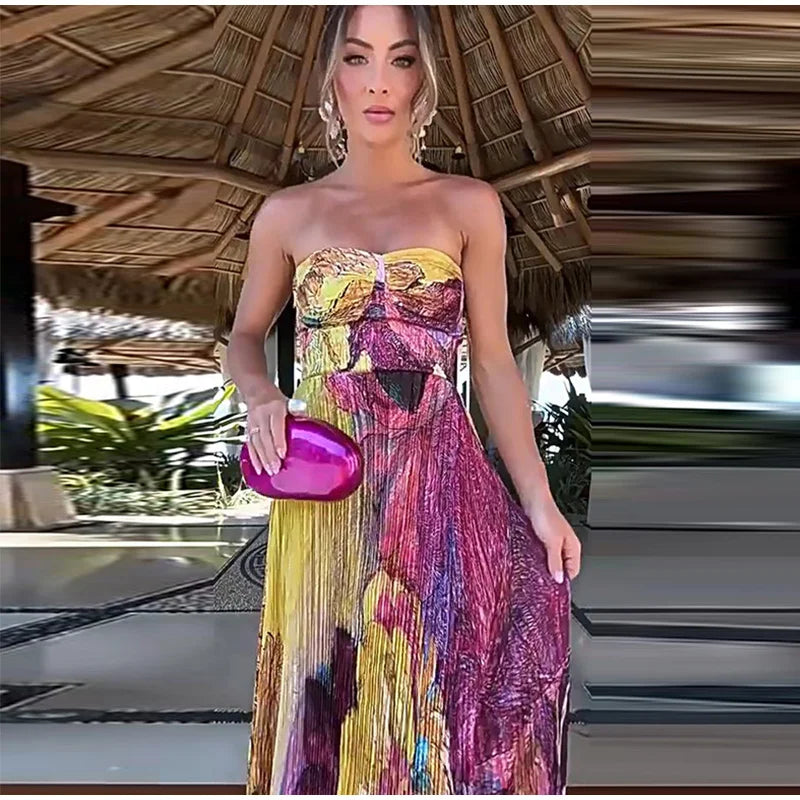 Elegant Floral Print Pleated Floor Length Dress For Women