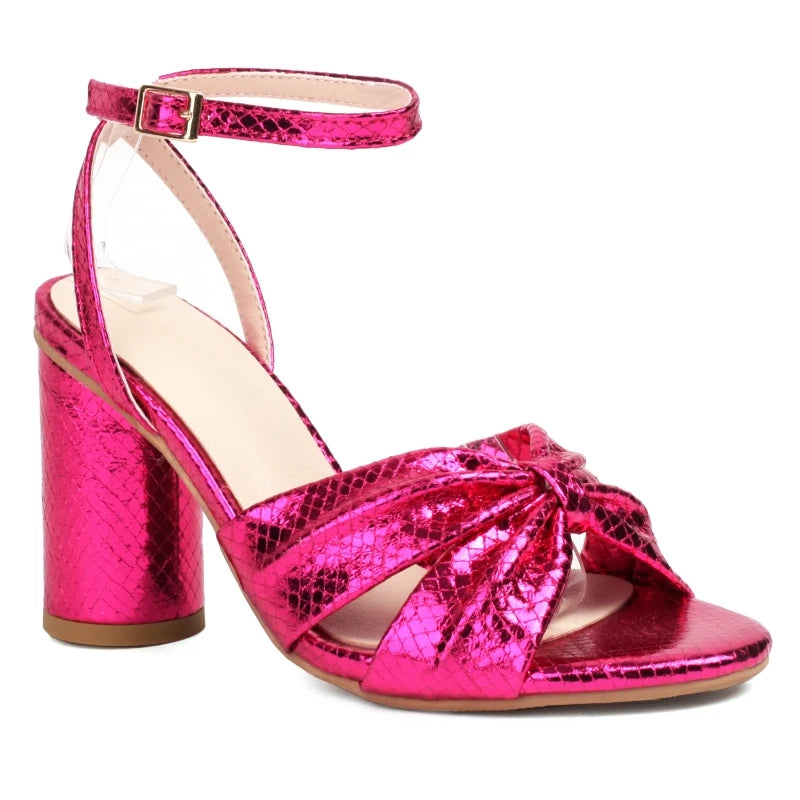 Metallic Block Heel Ankle Strap Sandals