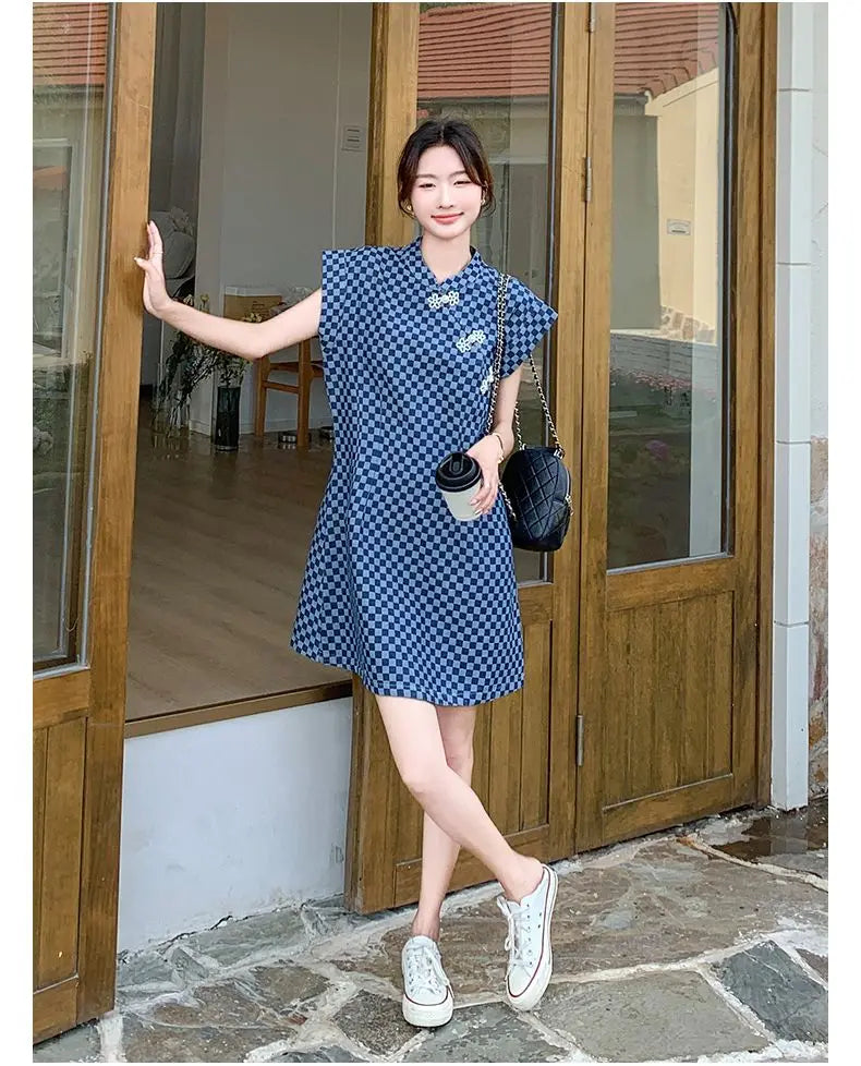 Checkered Ethnic Style Summer Lightweight A Line Dress for Women