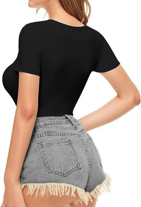 Seductive Tops Intricate Hollow Lacework T-Shirt Figure Hugging RoundNeck Blouse Classic Comfortable SolidColor Shirt