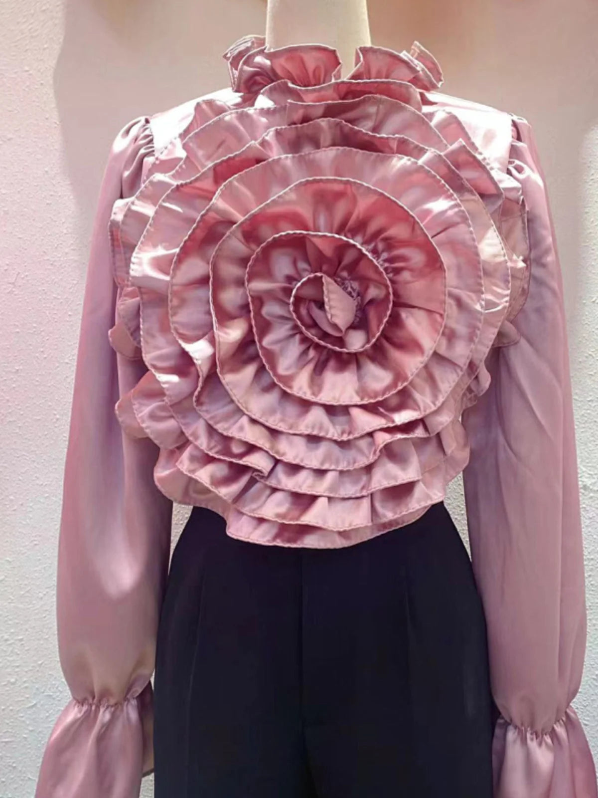 Light Luxury Socialite Style High-Grade Three-Dimensional Flower Solid Color Shirt 2024 Spring New Fashion All-Match Silk Blouse