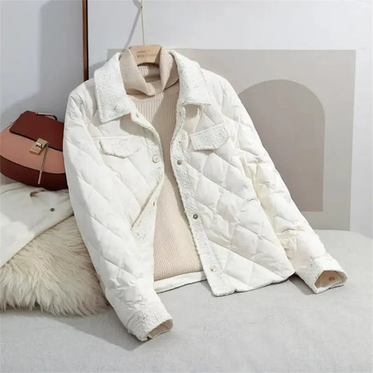 Lightweight Down Cotton Jacket Women's Short Jacket 2023 Winter New White French Style Fashion Women Jackets Patchwork Tweed Coa