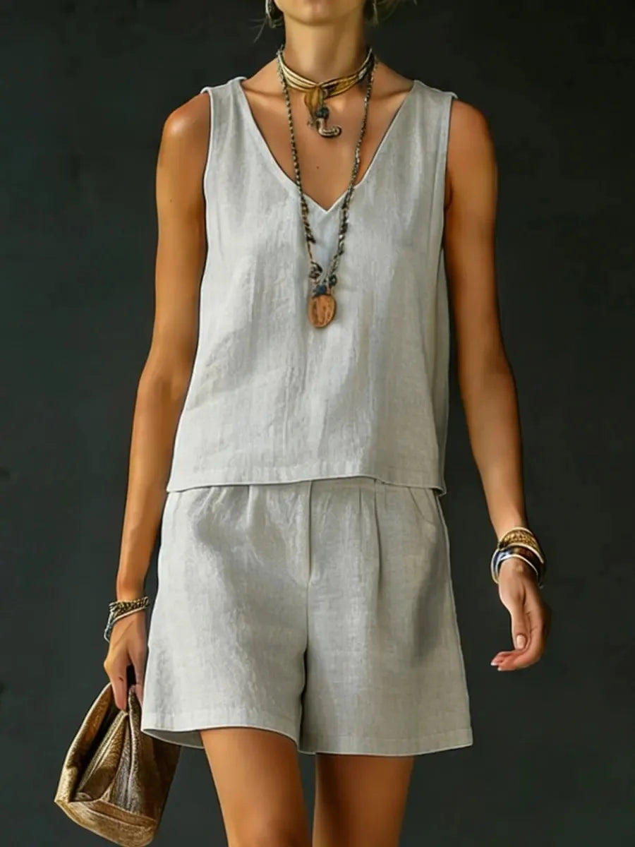 Cotton Linen Summer Casual Vest and Shorts Set for Women