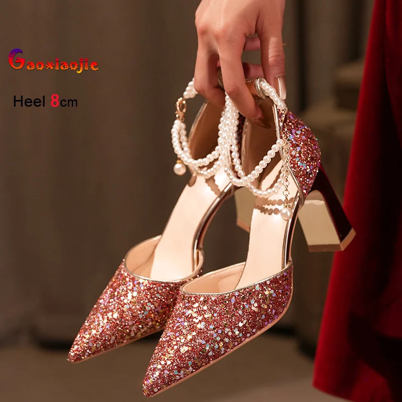 Pearl Embellished High Heel Ankle Strap Sandals for Women