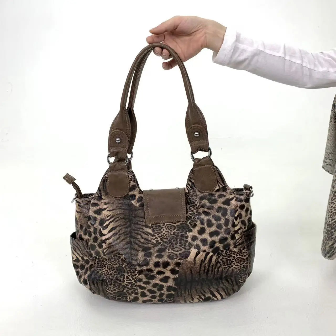 Leopard Print Patchwork Tote Bag with Pockets for Women