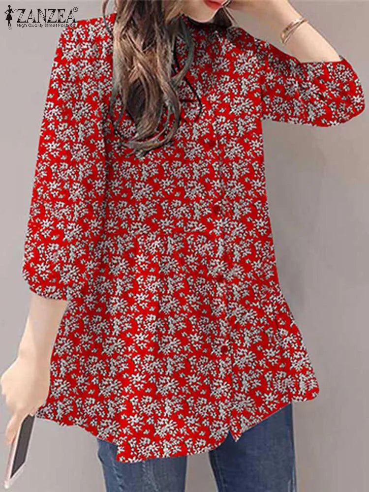 ZANZEA 2024 Summer Shirt Women Floral Prined Bohemian Stand Collar 3/4 Sleeve Casual Vintage Elegant Blusas Loose Tunic Tops