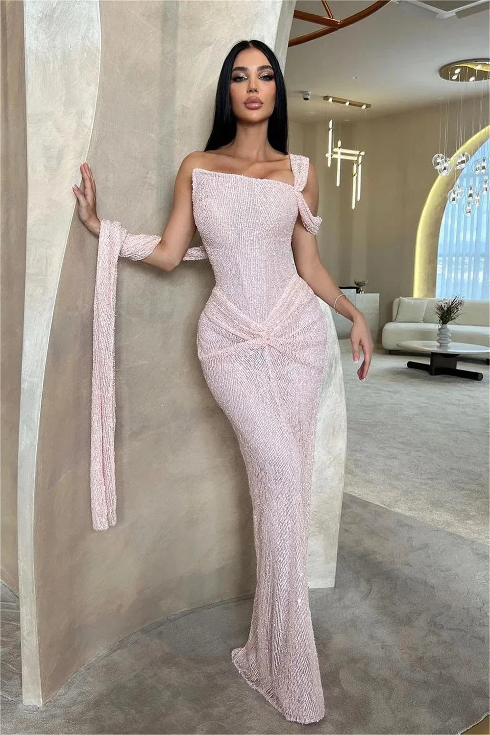 Beaded Pleats Strapless Evening Gown