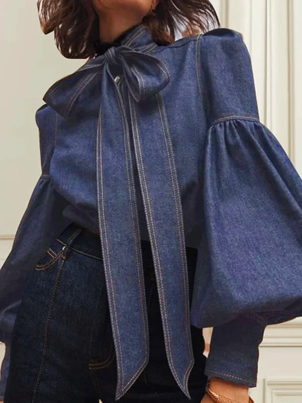Gymystars New Trendy Imitation Denim Blouse Tops for Women Long Puff Sleeves Bow-Embellished High Neck Women's Autumn Shirts