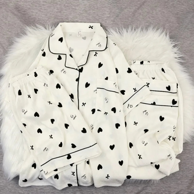 Korean Cute Heart Bow Print Pajamas Set Women 3 Piece Summer Soft Harajuku Style Homewear Sweet Love Pattern PJ Loungewear
