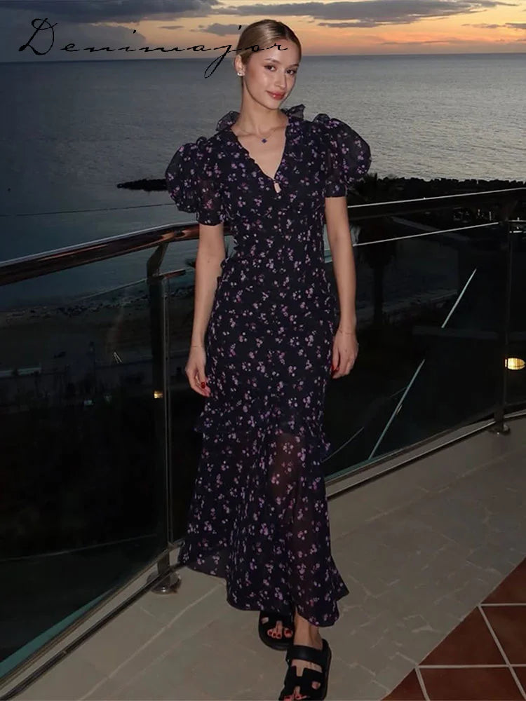 Printed Lace Trim V Neck Puff Sleeve Maxi Dress for Women