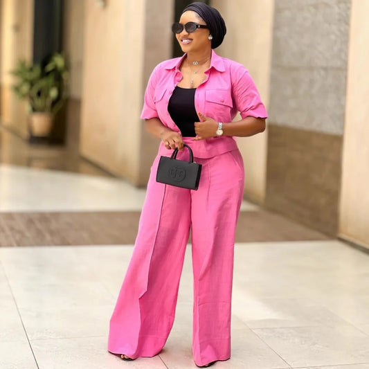 Two Pieces Women Pant Sets Solid Matching Sets Pocket Button Short Sleeve Top Empire Waist Wide Leg Pants Loose Fit 2025 Summer