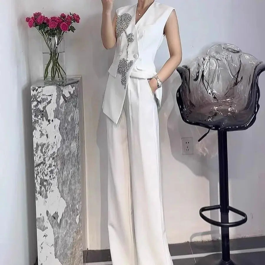 Beaded Luxury Double Breasted Vest Jacket Two Piece Set for Women