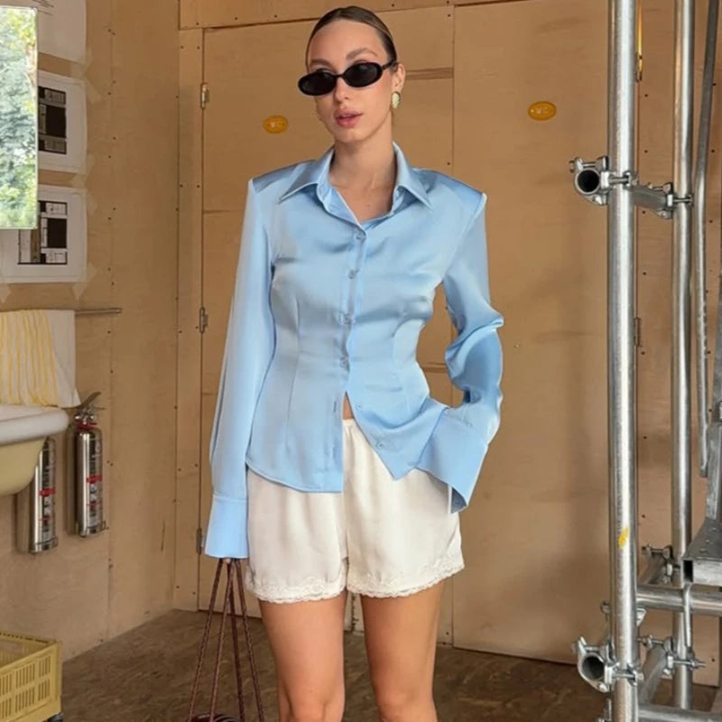 Elegant Satin Long Sleeve Button-Up Shirt for Women