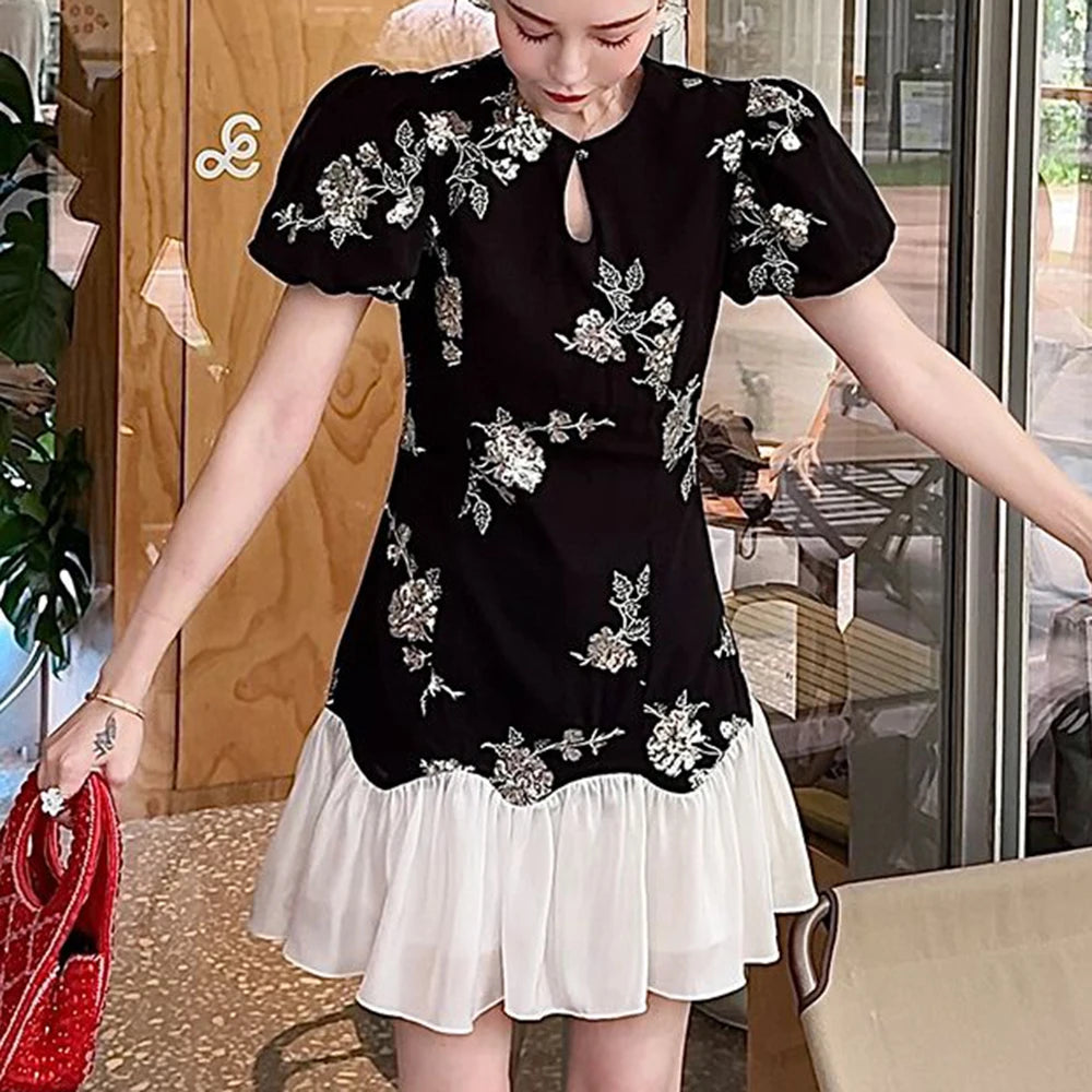 Slim Sequin Embroidery Chinese Style Splice Dress for Women