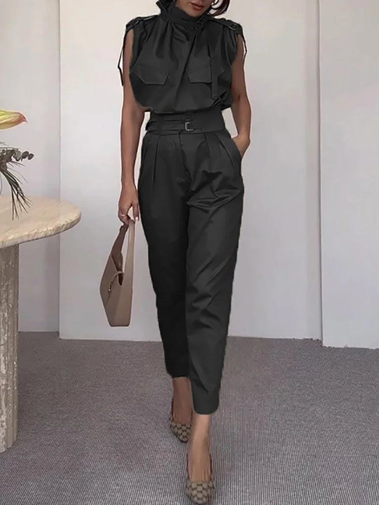 Sleeveless Turtleneck Simple Matching Set, Women Summer Cargo Pants Fashion Outfit, Solid Patchwork Chic Ladies Suits Streetwear