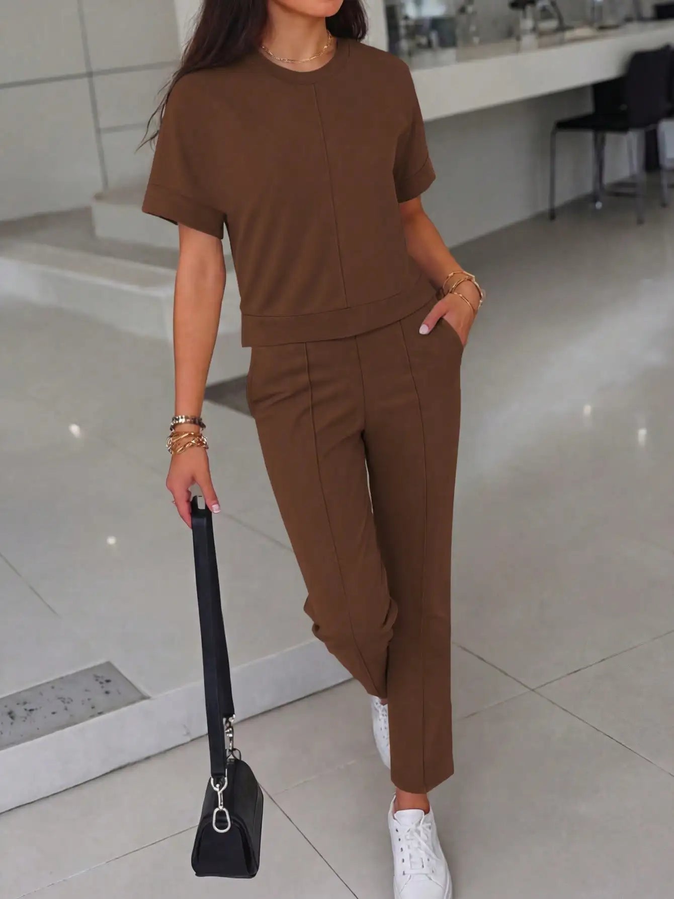 New Spring and Summer Ladies' Set: Comfortable Solid-Color Short-Sleeve Top with Elastic Waist Pocketed Long Pants Two-Piece Set, Soft Stretch Polyester-Acrylic Fabric