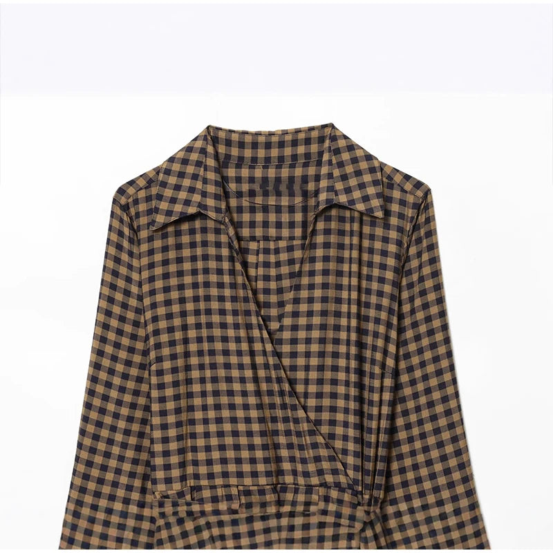 Elegant Plaid Women's Long Dresses Loose Tie Up Bow Laple Full Sleeve A-line Dress For Woman 2026 Spring New Lady Party Robes