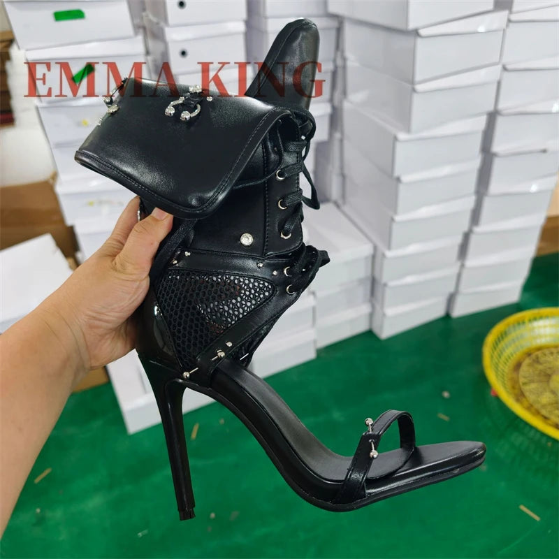 Green Fold-Over Lace-Up Open Toe Cutout Mesh Sandals for Women