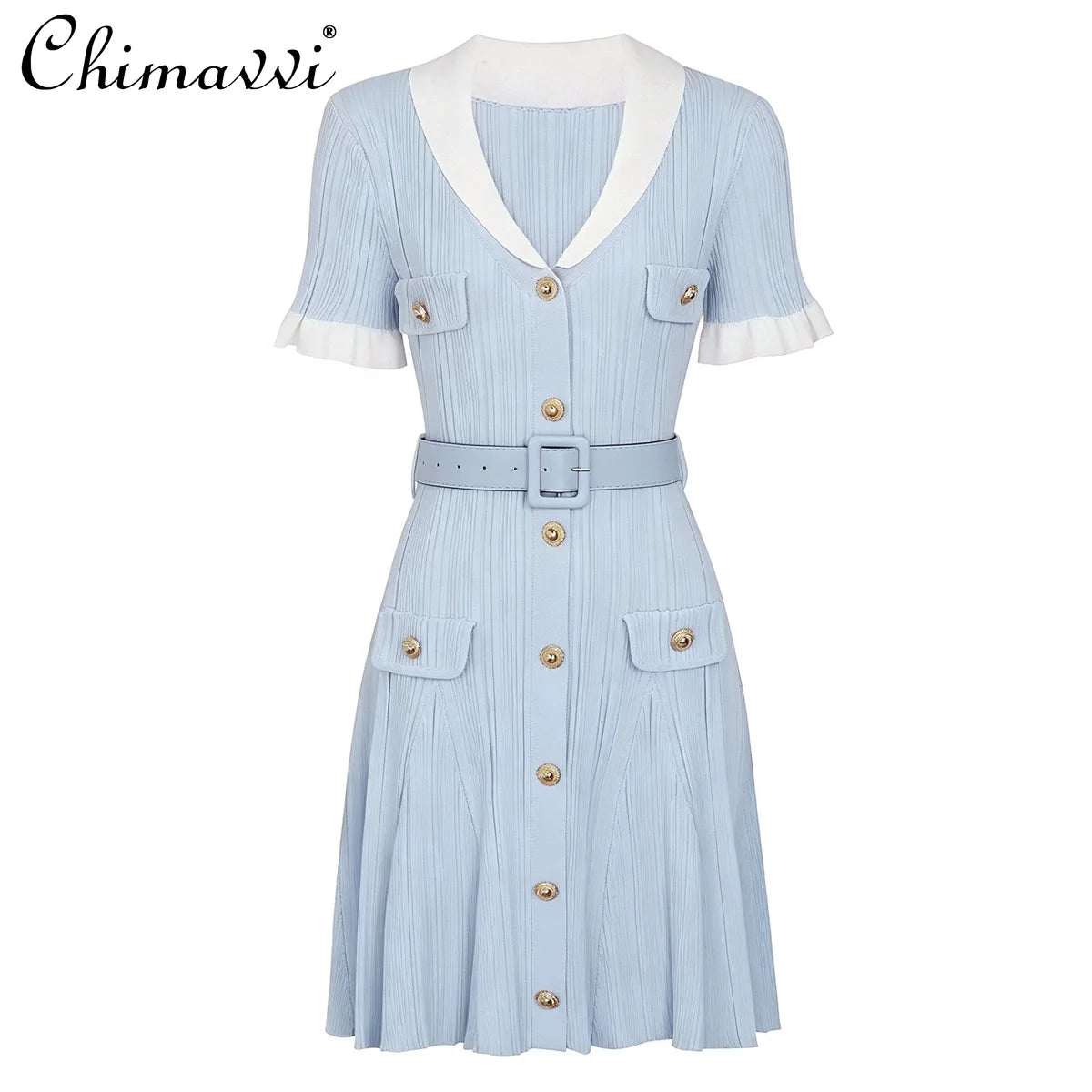 High-end Fashion Cropped Knit Dress New Autumn 2026 Women Short Sleeve High-waisted Belted Slim-fit Elegant Short Dresses