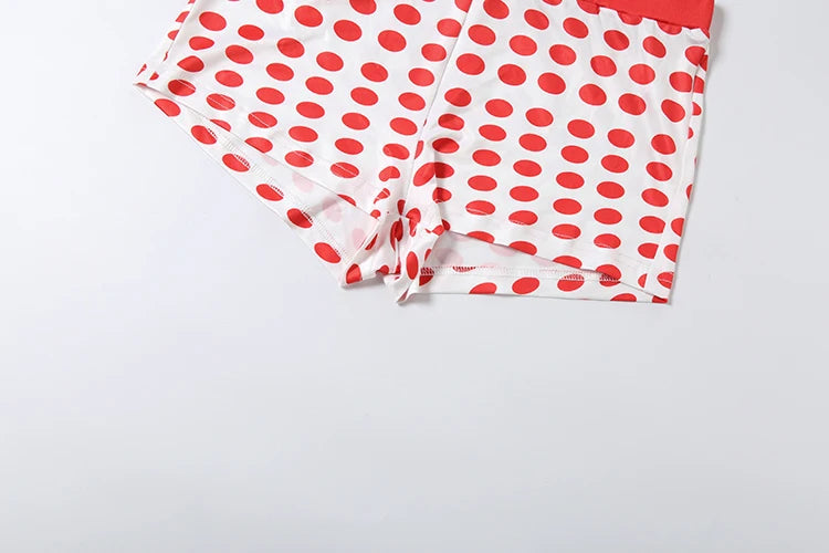 Colorful Patchwork Print O Neck Tee and Polka Dot Shorts Two Piece Set for Women