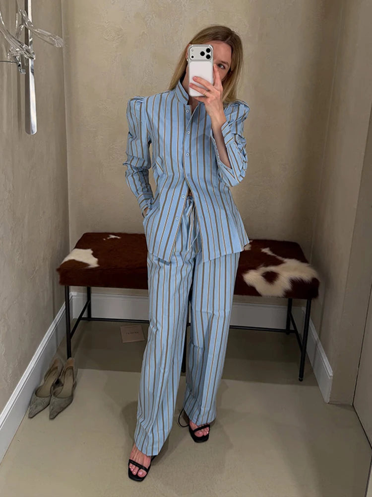 Blue Striped Puff Shoulder Shirt And Pants Set For Women