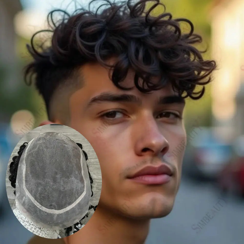 Curly Brazilian Human Hair Lace Base Toupee for Men