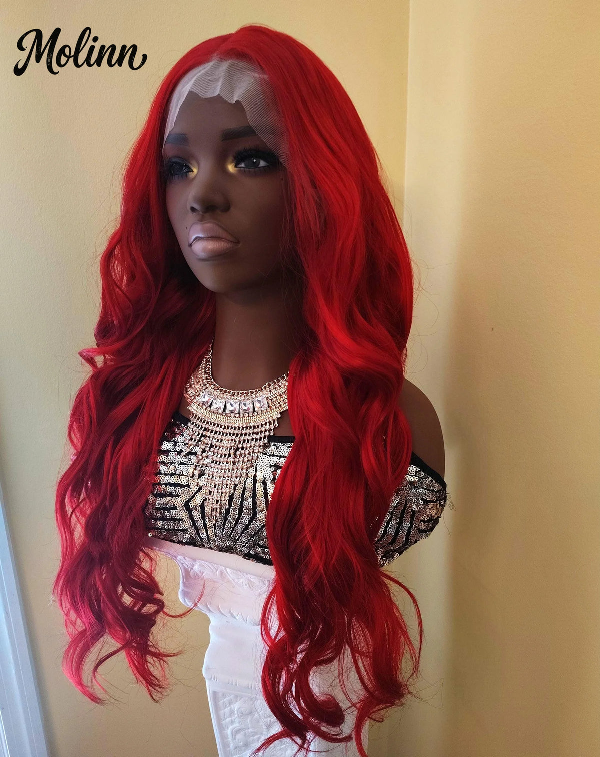Bright Red Body Wave Heat Resistant Lace Front Wig for Women