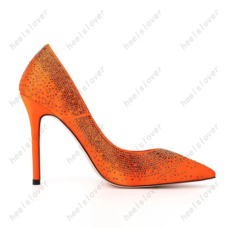 Elegant Orange Rhinestone Pointed Toe Pumps For Women