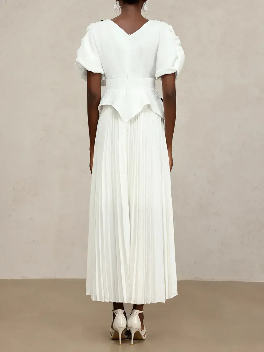 TWOTWINSTYLE Printing Spliced Embroidery Elegant Dresses for Women V Neck Short Sleeves Tunic Patchwork Folds Long Dress Female